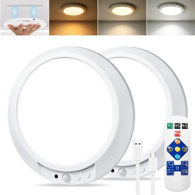 Main image of 2 Pack Rechargeable Ceiling Light with Remote, 8000mAh Battery Operated Motion Sensor Shower Light, No Wiring Magnetic LED Overhead Lighting, 3 Colors & Dimmable, Timer for Closet Shed Hallway Pantry