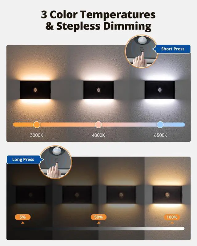 Alt view image 2 of 7 - 3CCT Rechargeable Stair Lights Indoor, Black Stairway Lights Indoor with Magnetic Mount, Dimmable Stair Lights Motion Sensor for Stairway, Hallway, Kitchen, Bathroom(6 Packs)