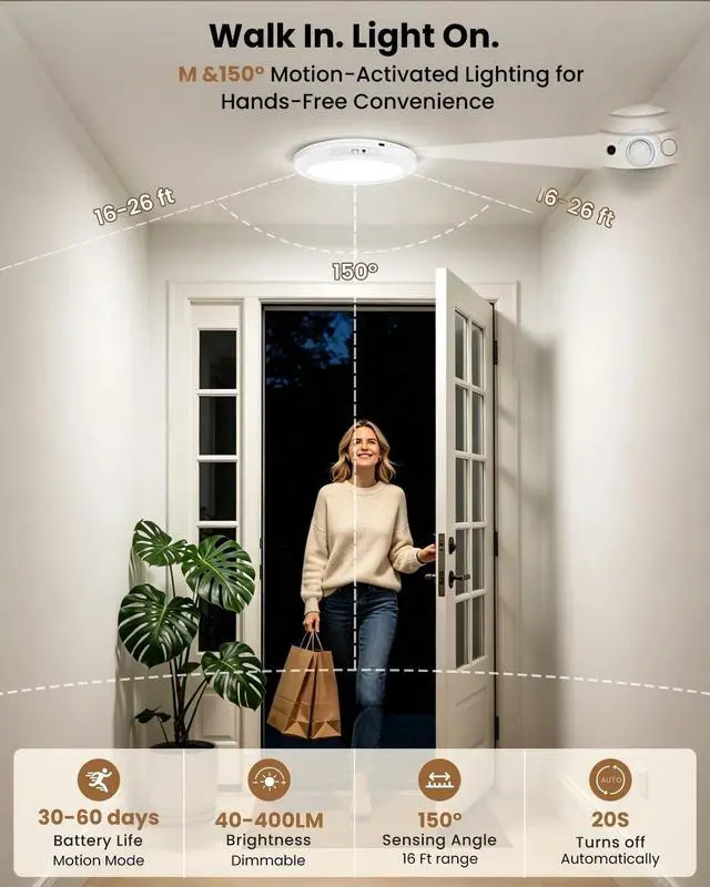 Alt view image 4 of 6 - 2 Pack Rechargeable Ceiling Light with Remote, 8000mAh Battery Operated Motion Sensor Shower Light, No Wiring Magnetic LED Overhead Lighting, 3 Colors & Dimmable, Timer for Closet Shed Hallway Pantry