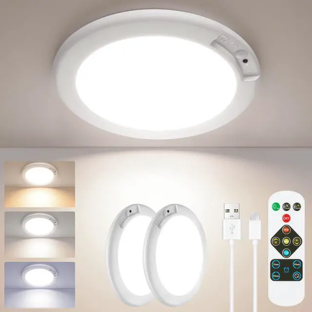 Main image of 2-Pack Rechargeable Motion Sensor LED Ceiling Light with Remote, Wireless Battery Operated 3CCT Dimmable Closet Lights for Shower Pantry