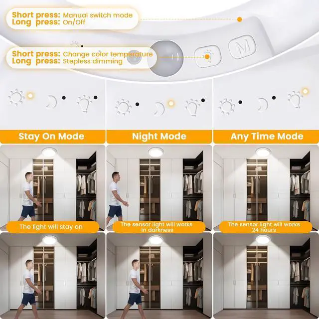 Alt view image 3 of 7 - 2-Pack Rechargeable Motion Sensor LED Ceiling Light with Remote, Wireless Battery Operated 3CCT Dimmable Closet Lights for Shower Pantry