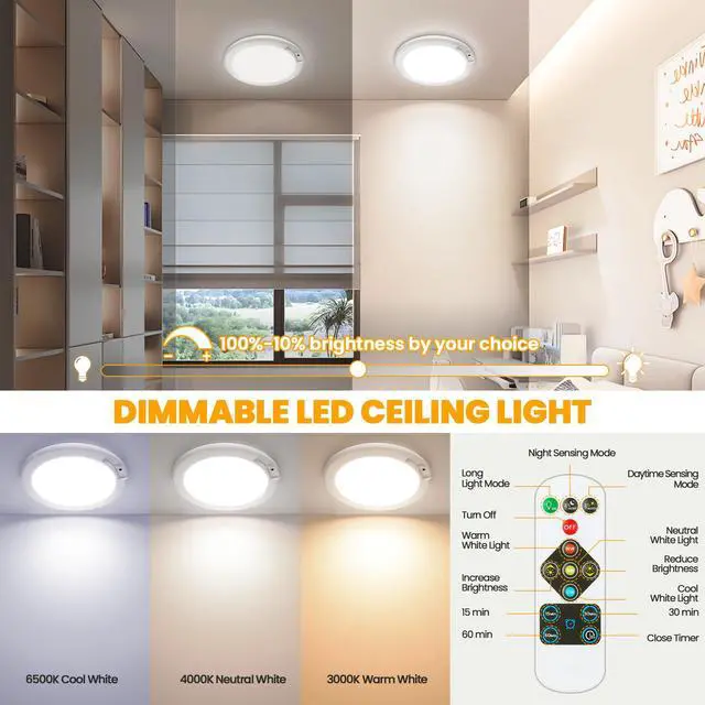 Alt view image 5 of 7 - 2-Pack Rechargeable Motion Sensor LED Ceiling Light with Remote, Wireless Battery Operated 3CCT Dimmable Closet Lights for Shower Pantry