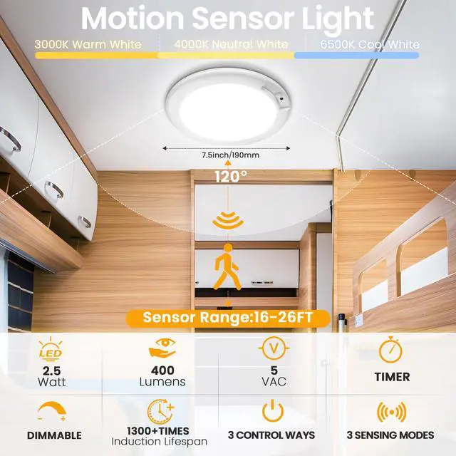 Alt view image 2 of 7 - 2-Pack Rechargeable Motion Sensor LED Ceiling Light with Remote, Wireless Battery Operated 3CCT Dimmable Closet Lights for Shower Pantry
