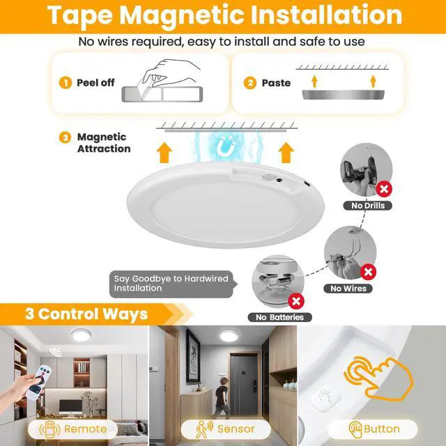 Alt view image 7 of 7 - 2-Pack Rechargeable Motion Sensor LED Ceiling Light with Remote, Wireless Battery Operated 3CCT Dimmable Closet Lights for Shower Pantry