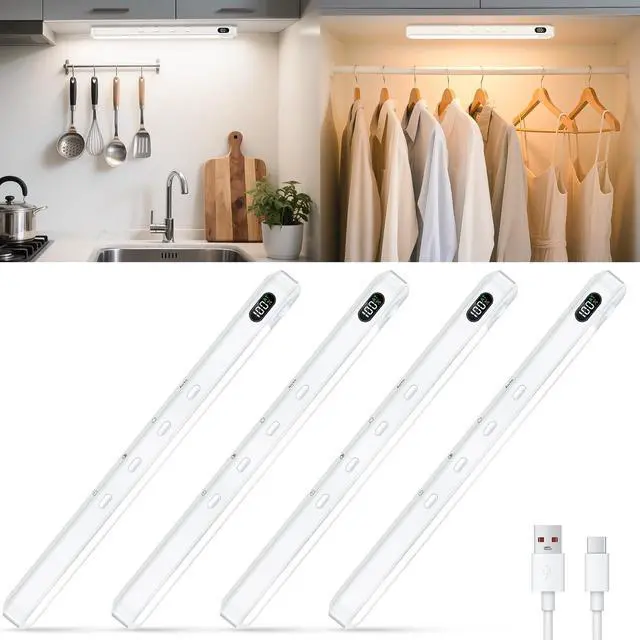 Main image of Under Cabinet & Closet Lights, Motion Sensor, Rechargeable, Magnetic, 3 Color Temps, Dimmable LED Light Bar for Indoor Kitchen Counter (4 Pack, White)