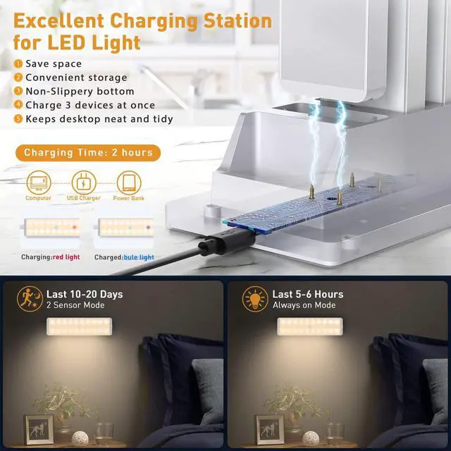 Alt view image 2 of 6 - LED Closet Light with Charging Station, 5 Pcs Dimmer Rechargeable Motion Sensor Under Cabinet Lighting, Stick-Anywhere Night Safe Light Bar for Wardrobe,Kitchen-Warm