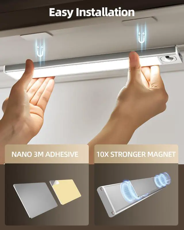 Alt view image 7 of 7 - 6Pack 12inch Under Cabinet Lighting, Rechargeable Motion Sensor Light Wireless Indoor, Dimmable 3 Color Temps Closet Lights with Remote, Indoor Under Counter LED Lights for Kitchen, Stairs