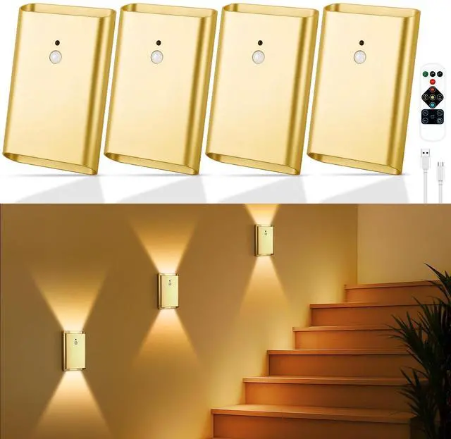 Main image of 4 Pack Battery Operated Wall Lights - 5000mAh Rechargeable Motion Sensor Wall Sconce with Remote, 3 Colors Wireless Wall Lamp Magnetic Motion Sensor Night Light Indoor for Hallway Stairway, Gold