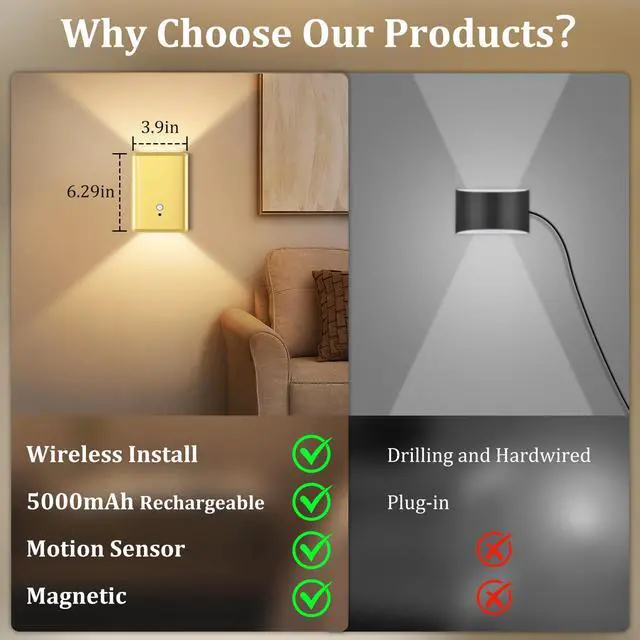 Alt view image 2 of 7 - 4 Pack Battery Operated Wall Lights - 5000mAh Rechargeable Motion Sensor Wall Sconce with Remote, 3 Colors Wireless Wall Lamp Magnetic Motion Sensor Night Light Indoor for Hallway Stairway, Gold