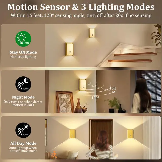 Alt view image 4 of 7 - 4 Pack Battery Operated Wall Lights - 5000mAh Rechargeable Motion Sensor Wall Sconce with Remote, 3 Colors Wireless Wall Lamp Magnetic Motion Sensor Night Light Indoor for Hallway Stairway, Gold