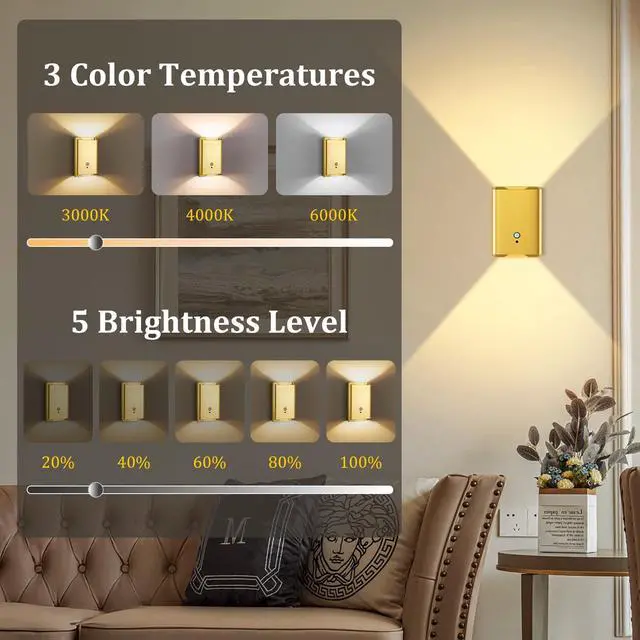 Alt view image 6 of 7 - 4 Pack Battery Operated Wall Lights - 5000mAh Rechargeable Motion Sensor Wall Sconce with Remote, 3 Colors Wireless Wall Lamp Magnetic Motion Sensor Night Light Indoor for Hallway Stairway, Gold