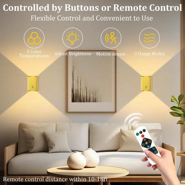 Alt view image 7 of 7 - 4 Pack Battery Operated Wall Lights - 5000mAh Rechargeable Motion Sensor Wall Sconce with Remote, 3 Colors Wireless Wall Lamp Magnetic Motion Sensor Night Light Indoor for Hallway Stairway, Gold