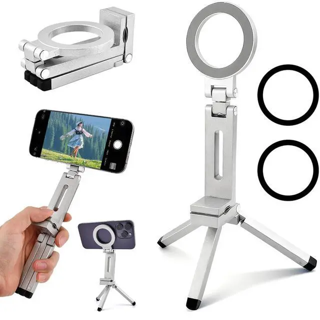 Main image of Magnetic Tripod for Phone,360° Rotating Phone Tripod Stand,Adjustable,Clipable,Foldable and Triangular Fixing Airplane Travel Essentials Phones Holder for Phones(Silver,Size:19 * 16cm)