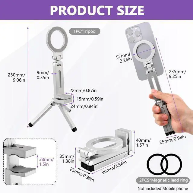 Alt view image 2 of 6 - Magnetic Tripod for Phone,360° Rotating Phone Tripod Stand,Adjustable,Clipable,Foldable and Triangular Fixing Airplane Travel Essentials Phones Holder for Phones(Silver,Size:19 * 16cm)