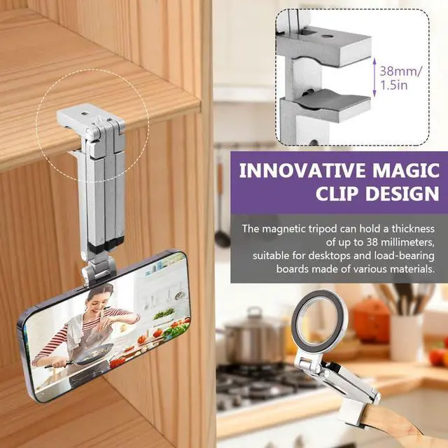 Alt view image 5 of 6 - Magnetic Tripod for Phone,360° Rotating Phone Tripod Stand,Adjustable,Clipable,Foldable and Triangular Fixing Airplane Travel Essentials Phones Holder for Phones(Silver,Size:19 * 16cm)