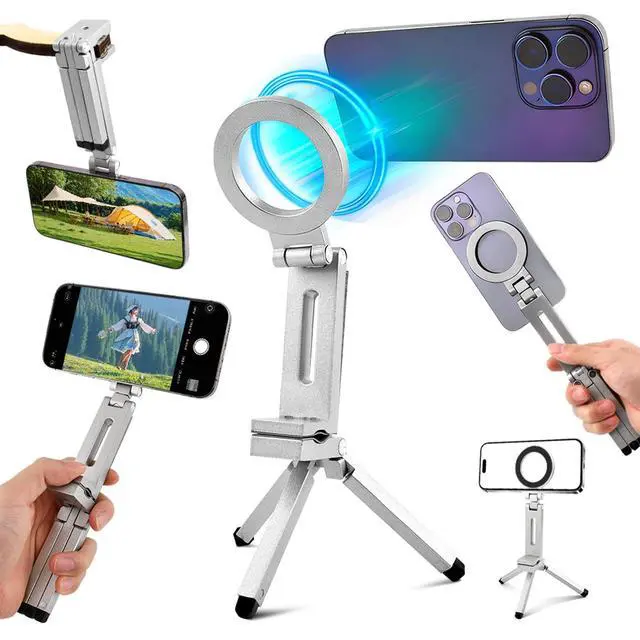 Alt view image 3 of 6 - Magnetic Tripod for Phone,360° Rotating Phone Tripod Stand,Adjustable,Clipable,Foldable and Triangular Fixing Airplane Travel Essentials Phones Holder for Phones(Silver,Size:19 * 16cm)