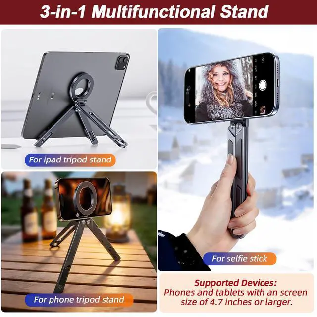 Alt view image 2 of 7 - Magnetic Tripod for iPhone iPad, 2-in-1 Portable Phone Stand with Carabiner for Travel Gym, Selfie Stick Tablet Holder Strong Magnet Quick Mount Compatible with iPhone 17 16 15 14 13 12 iPad Series