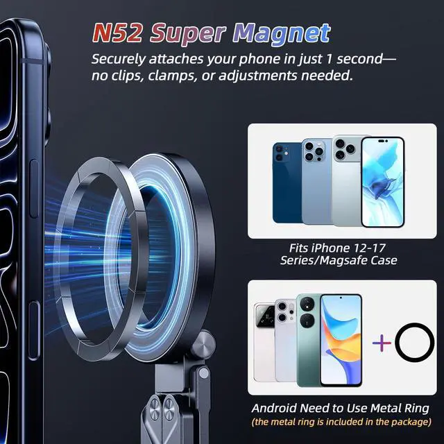 Alt view image 3 of 7 - Magnetic Tripod for iPhone iPad, 2-in-1 Portable Phone Stand with Carabiner for Travel Gym, Selfie Stick Tablet Holder Strong Magnet Quick Mount Compatible with iPhone 17 16 15 14 13 12 iPad Series