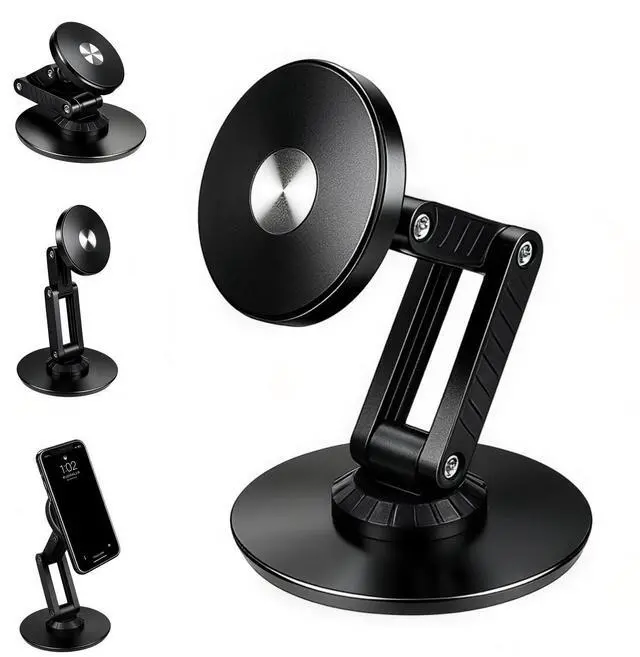 Main image of Magnetic Metal Phone Stand, 360° Swivel with Weighted Base, Multi-Angle Adjustable, Super Light Portable Hands-Free Holder for Most Smartphones Desk Bedroom (Black)