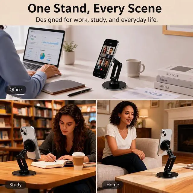 Alt view image 2 of 7 - Magnetic Metal Phone Stand, 360° Swivel with Weighted Base, Multi-Angle Adjustable, Super Light Portable Hands-Free Holder for Most Smartphones Desk Bedroom (Black)