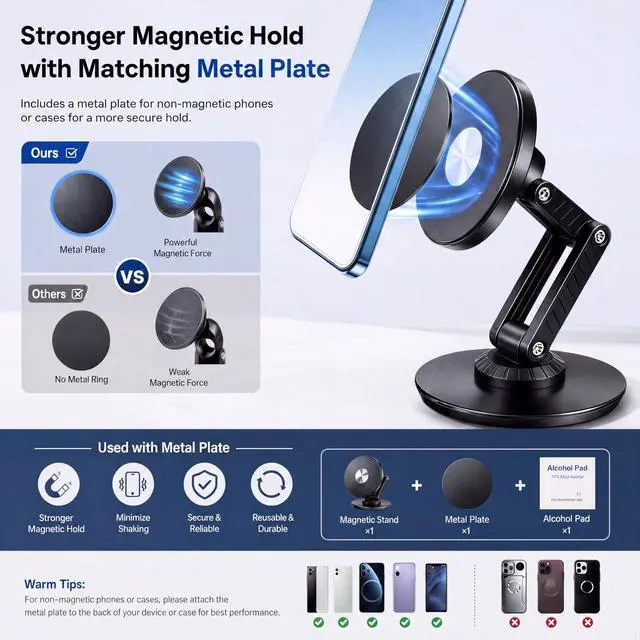 Alt view image 4 of 7 - Magnetic Metal Phone Stand, 360° Swivel with Weighted Base, Multi-Angle Adjustable, Super Light Portable Hands-Free Holder for Most Smartphones Desk Bedroom (Black)
