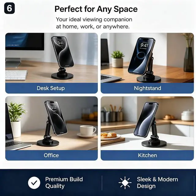 Alt view image 5 of 7 - Magnetic Metal Phone Stand, 360° Swivel with Weighted Base, Multi-Angle Adjustable, Super Light Portable Hands-Free Holder for Most Smartphones Desk Bedroom (Black)