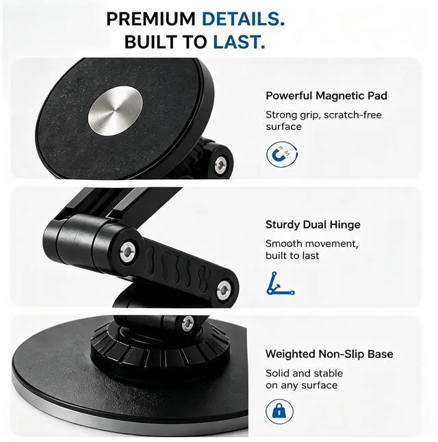 Alt view image 6 of 7 - Magnetic Metal Phone Stand, 360° Swivel with Weighted Base, Multi-Angle Adjustable, Super Light Portable Hands-Free Holder for Most Smartphones Desk Bedroom (Black)