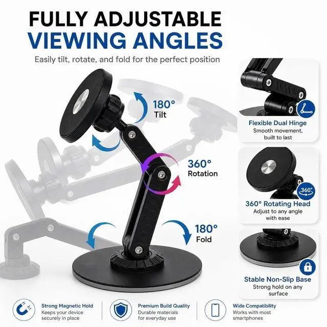 Alt view image 7 of 7 - Magnetic Metal Phone Stand, 360° Swivel with Weighted Base, Multi-Angle Adjustable, Super Light Portable Hands-Free Holder for Most Smartphones Desk Bedroom (Black)