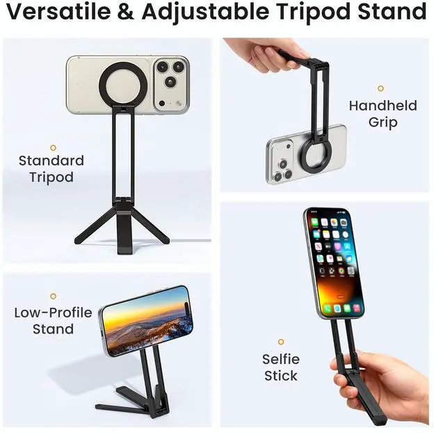Alt view image 3 of 7 - Magnetic Phone Tripod Stand,Foldable Pocket Cell Phone Mount,Adjustable Travel Gym Selfie Stick Mini Tripod Handle Desktop Stand for MagSafe iPhone 17 16 15 14 13 12 11& All Smartphones,Black