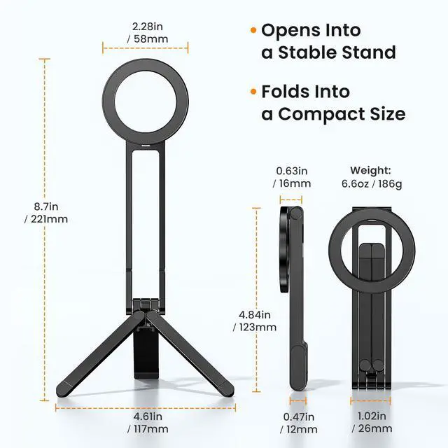 Alt view image 6 of 7 - Magnetic Phone Tripod Stand,Foldable Pocket Cell Phone Mount,Adjustable Travel Gym Selfie Stick Mini Tripod Handle Desktop Stand for MagSafe iPhone 17 16 15 14 13 12 11& All Smartphones,Black
