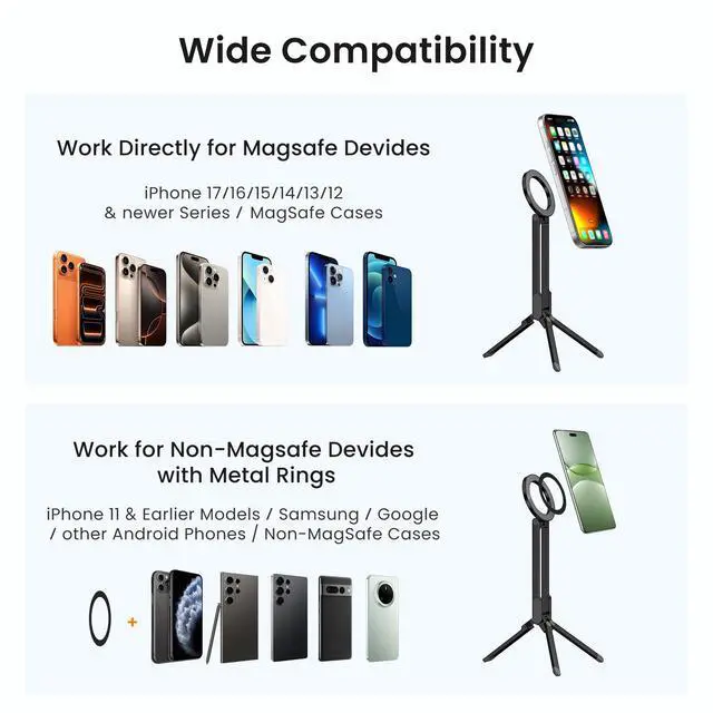 Alt view image 7 of 7 - Magnetic Phone Tripod Stand,Foldable Pocket Cell Phone Mount,Adjustable Travel Gym Selfie Stick Mini Tripod Handle Desktop Stand for MagSafe iPhone 17 16 15 14 13 12 11& All Smartphones,Black