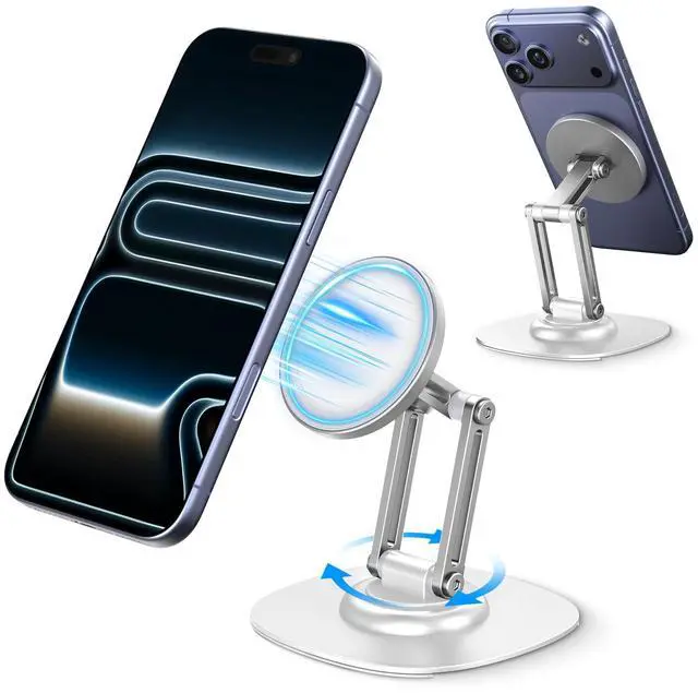 Main image of Magnetic Phone Stand, Fits for MagSafe, 360° Rotation Adjustable Strong Magnets Desk Office Kitchen Foldable Phone Holder Stand with Non-Slip Base for iPhone 17/16/15/14/13/12 Series, White