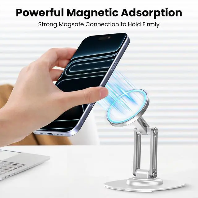 Alt view image 2 of 7 - Magnetic Phone Stand, Fits for MagSafe, 360° Rotation Adjustable Strong Magnets Desk Office Kitchen Foldable Phone Holder Stand with Non-Slip Base for iPhone 17/16/15/14/13/12 Series, White