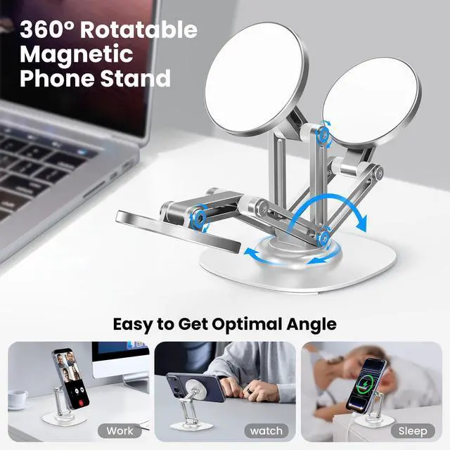 Alt view image 3 of 7 - Magnetic Phone Stand, Fits for MagSafe, 360° Rotation Adjustable Strong Magnets Desk Office Kitchen Foldable Phone Holder Stand with Non-Slip Base for iPhone 17/16/15/14/13/12 Series, White