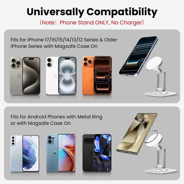 Alt view image 4 of 7 - Magnetic Phone Stand, Fits for MagSafe, 360° Rotation Adjustable Strong Magnets Desk Office Kitchen Foldable Phone Holder Stand with Non-Slip Base for iPhone 17/16/15/14/13/12 Series, White