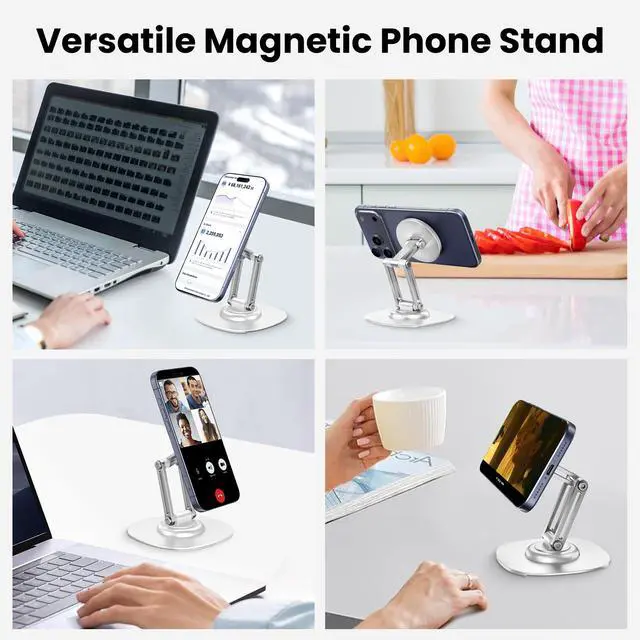Alt view image 6 of 7 - Magnetic Phone Stand, Fits for MagSafe, 360° Rotation Adjustable Strong Magnets Desk Office Kitchen Foldable Phone Holder Stand with Non-Slip Base for iPhone 17/16/15/14/13/12 Series, White