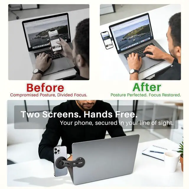 Alt view image 2 of 7 - Magnetic Laptop Phone Holder Mount for Dual Screen, Invisible Foldable Design Continuity Camera Mount for Magsafe iPhone 12-17 Series, Aluminum Extended Side Mount Stand for MacBook, Tesla