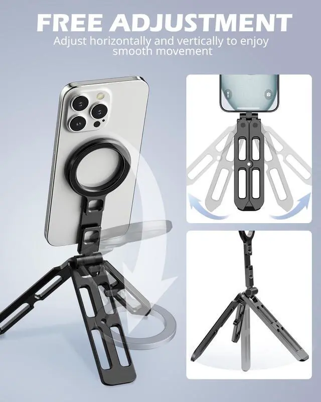 Alt view image 2 of 6 - Magnetic Portable Tripod for iPhone -MagSafe Mini Phone Stand & Universal Tripod Mount, Foldable Aluminum Phone Holder for iPhone 16/15/14/13/12, Pocket Travel Desktop All in One