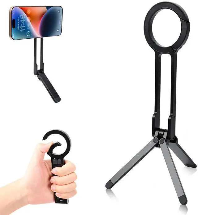 Main image of Universal Magnetic Phone Tripod Stand, Foldable Aluminum Alloy Quick Mount with Strong Magnet, Portable Pocket Size for iPhone Android Smartphones, Travel & Daily Vlog Shooting (Black)