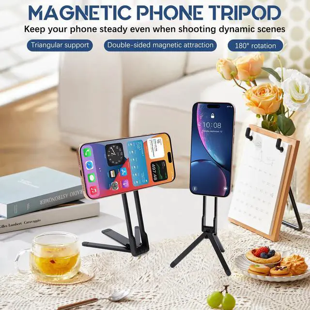Alt view image 2 of 7 - Universal Magnetic Phone Tripod Stand, Foldable Aluminum Alloy Quick Mount with Strong Magnet, Portable Pocket Size for iPhone Android Smartphones, Travel & Daily Vlog Shooting (Black)