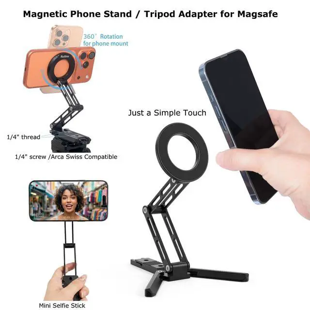 Alt view image 3 of 7 - for Magsafe Phone Stand & Tripod Adapter, Aluminum iPhone Mount with Arca-Swiss Base,1/4" Thread Foldable Desktop Stand & Selfie Stick Grip, Compatible with iPhone 17/16...Andriod