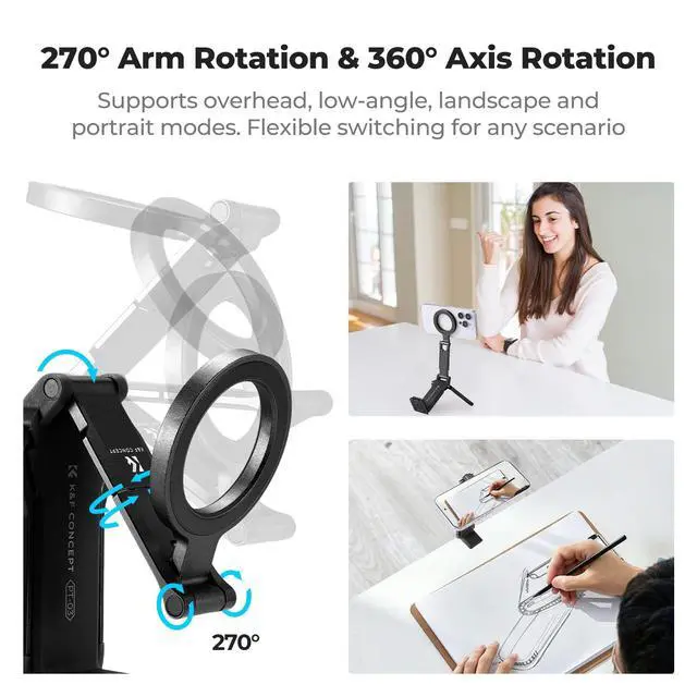 Alt view image 3 of 7 - 360° Rotating Magnetic Phone Tripod, 4-in-1 Portable Aluminum Magnetic Tripod for iPhone 17/16/15/14 Pro Max, Phone Stand Fits Vlog, Gym, Travel Accessories, Black