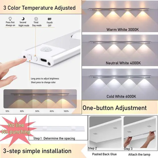 Alt view image 2 of 7 - Under Cabinet Kitchen Lights Led Motion Sensor Dimmable Cupboard Lights USB Rechargeable Home Decorate Night Light for Wardrobe Closet Stairs Counter (Color : Silver, Size : 80cm)