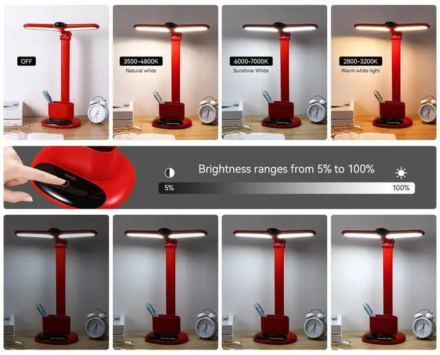 Alt view image 2 of 7 - Wireless LED Desk Lamp 6785-Touch Control, 2700-7000K Adjustable Color Temperature, 700 Lumens, Dual-Head Design, Pen Holder, USB-C Charging, 2400mAh Battery, 2.5hrs Wireless Use