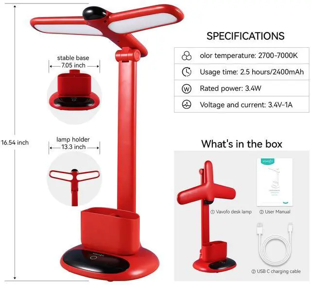 Alt view image 6 of 7 - Wireless LED Desk Lamp 6785-Touch Control, 2700-7000K Adjustable Color Temperature, 700 Lumens, Dual-Head Design, Pen Holder, USB-C Charging, 2400mAh Battery, 2.5hrs Wireless Use