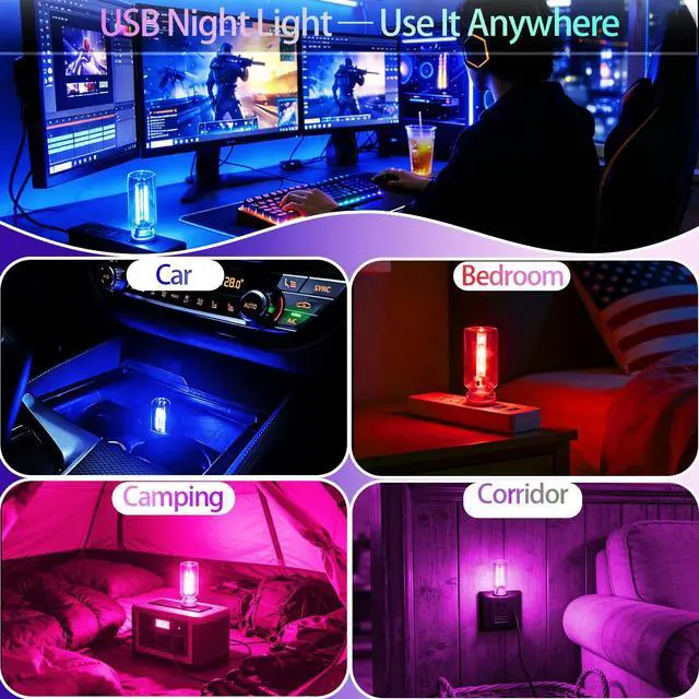Alt view image 4 of 5 - USB LED Night Light 4 Pack, RGB Glass Ambient Lights with Touch Control & Dimmable Brightness, Mini Plug in USB Lamp for Car, Laptop, Bedroom, Decorative Gift for Men(Red Blue Purple Pink)