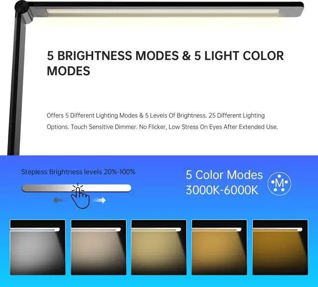 Alt view image 4 of 6 - LED Desk Lamp with USB Charging Port, Dimmable Eye-Caring Reading Desk Light for Home, with 5 Brightness Level & 3 Lighting Modes, Touch Control, Auto Timer (Black)