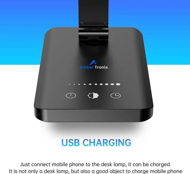 Alt view image 2 of 6 - LED Desk Lamp with USB Charging Port, Dimmable Eye-Caring Reading Desk Light for Home, with 5 Brightness Level & 3 Lighting Modes, Touch Control, Auto Timer (Black)