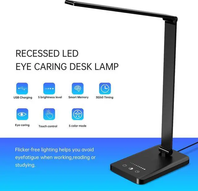 Alt view image 5 of 6 - LED Desk Lamp with USB Charging Port, Dimmable Eye-Caring Reading Desk Light for Home, with 5 Brightness Level & 3 Lighting Modes, Touch Control, Auto Timer (Black)