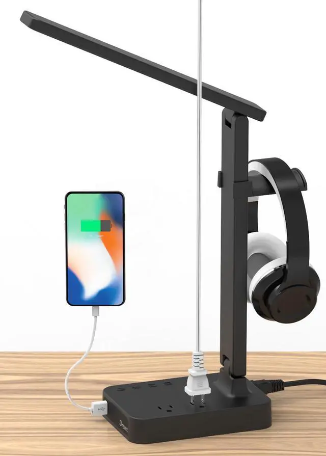 Main image of LED Desk Lamp with Headphone Stand, Desk Light with 1 USB Charging Port and 2 AC Power Outlet, 3 Lighting Modes, 3 Level Brightness,1H Timer, Memory Function, Eye-Caring Gaming Desk Lamp